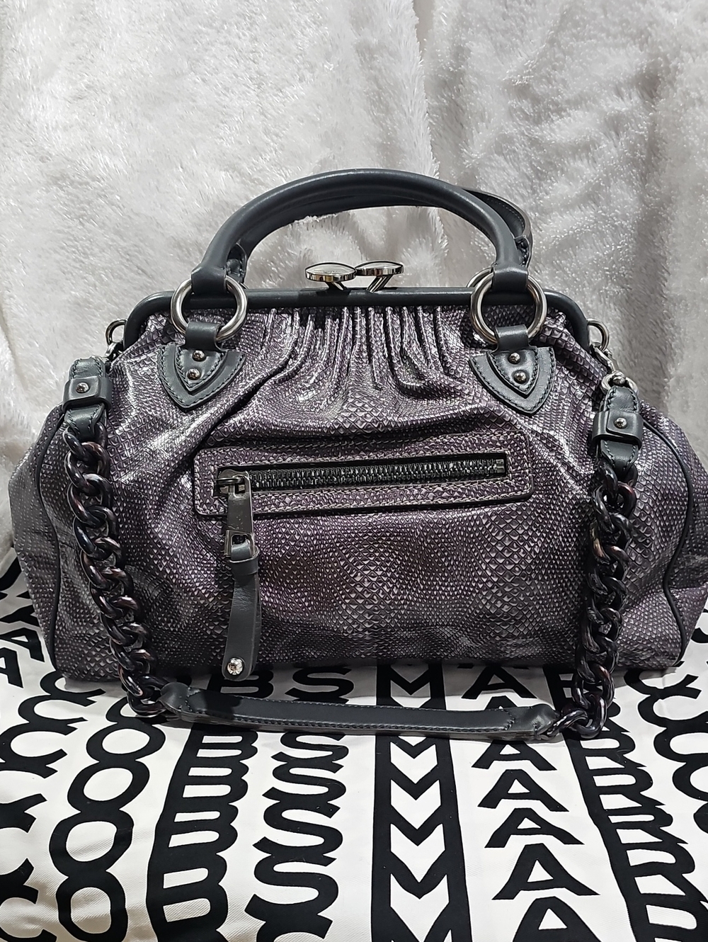 Marc Jacobs Metallic Pewter Textured Satchel with Chain Strap